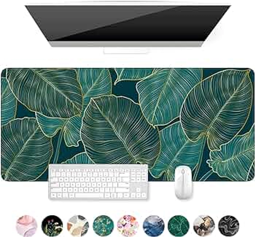 Auhoahsil Desk Mat, Ultra Large Mouse Pad, XXL Gaming Mousepad, Green Tropical Leaves Desk Pad, Big Extended Full Size Mouse Pad, Desktop Desk Matt for Keyboard, Laptop & Computer, 35.5 x 15.7 in