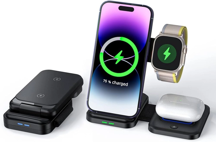 jnerkert Wireless charger, 3 in 1 wireless charging station for phone, watch and headphones, portable and foldable, for iPhone 14/13/12/11/Pro/Max, Apple Watch 7/6/5/4/3/2/SE, AirPods 3/2/Pro etc.