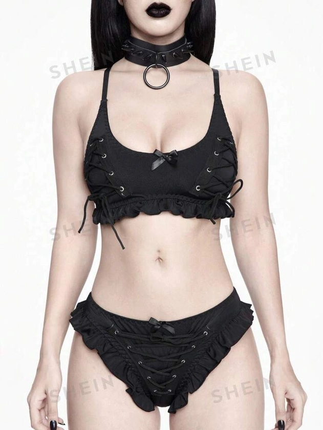 ROMWE Goth Conjunto de bikini sexy y atrevido de dos piezas para mujer con hebilla y lazo de seda de maíz