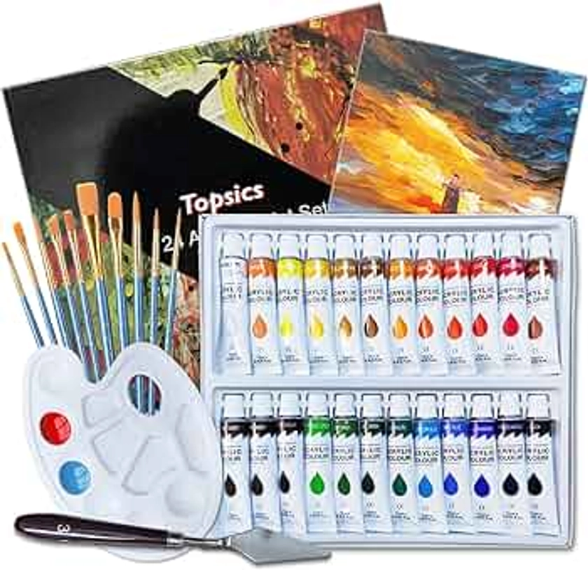 37 PCS Kit Peinture Acrylique, Topsics Set de Peintures Acrylique 24x12ml Tubes Peinture, Non Toxique Peintures pour Débutant Artiste Enfant, parfait pour Toile, Bois, Tissu Peinture