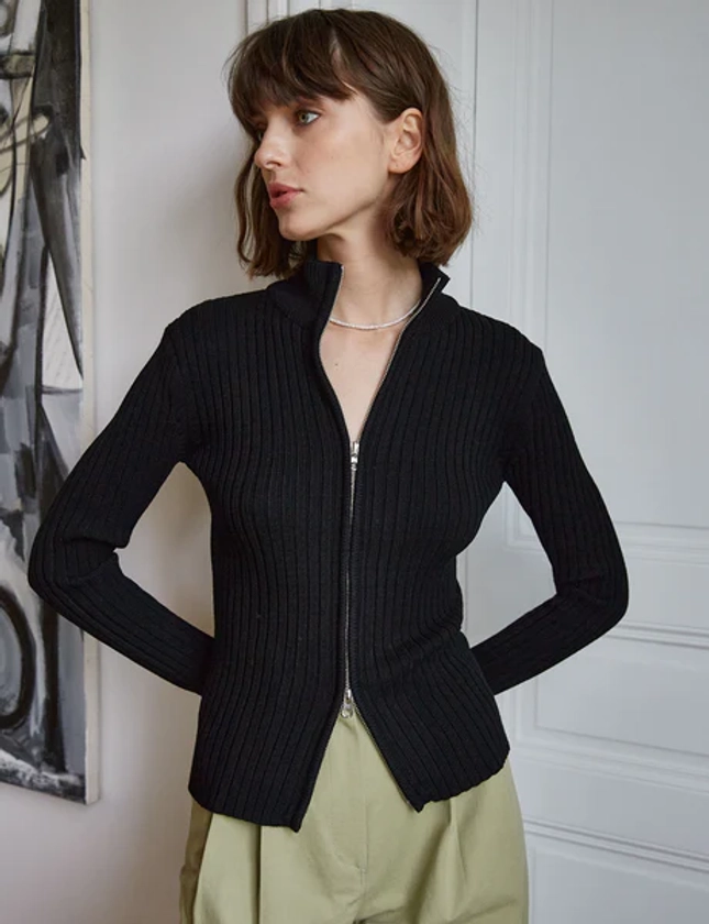 Black Ribbed Zipper Cardigan -BESTSELLER