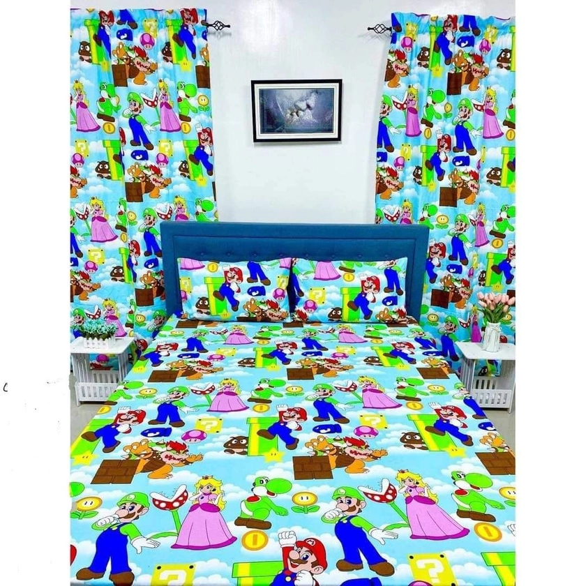 3in1 "SUPER MARIO DESIGN" 4Corner Garterized High Quality Premium Canadian Cotton Bedsheet Collection (1 Fitted Bedsheet With 2 Pillow Case)