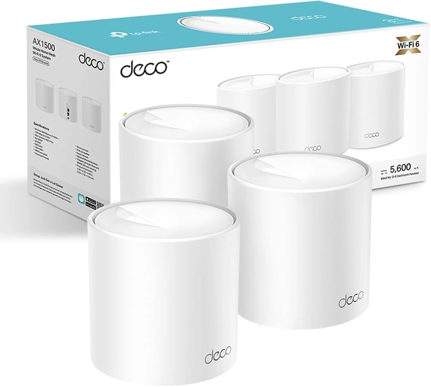 TP-Link Deco WiFi 6 Mesh AX1500Mbps Deco X1500(3-Pack), Système WiFi 6 pour Toute la Maison, Couverture de 520㎡, Installation Facile, Contrôle Parental, Compatible avec toutes les Box Fibre