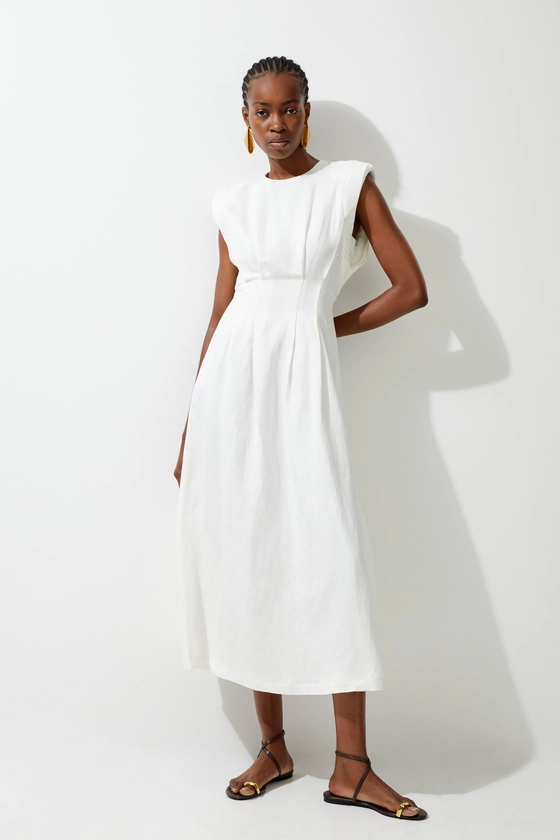 Viscose Linen Woven Pintuck Midi Dress | Karen Millen
