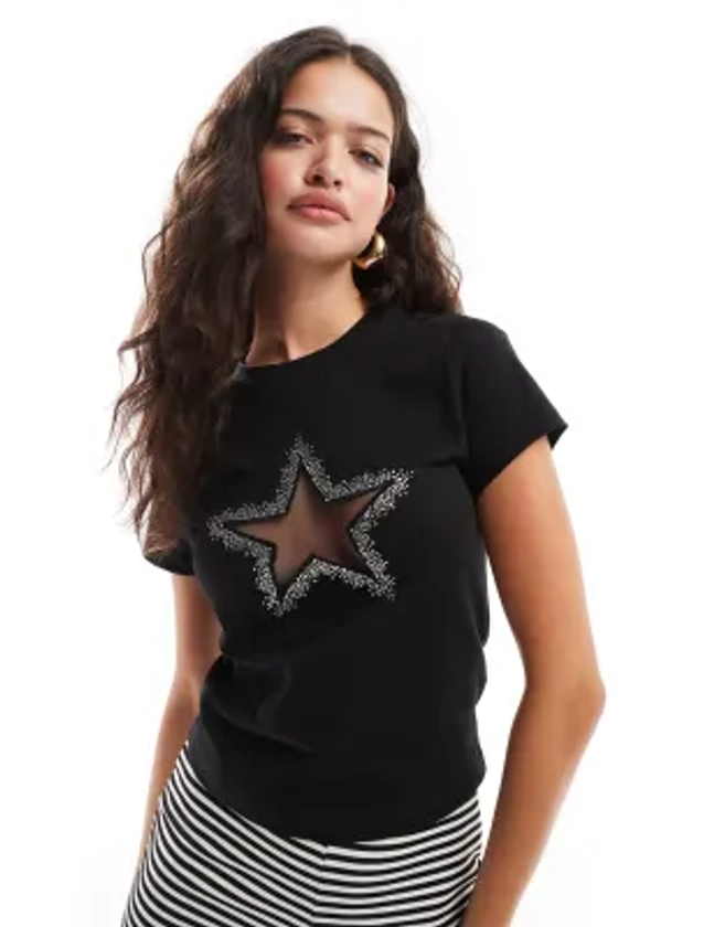 ASOS DESIGN - T-shirt effet rétréci avec étoile en tulle ornée de strass - Noir | ASOS