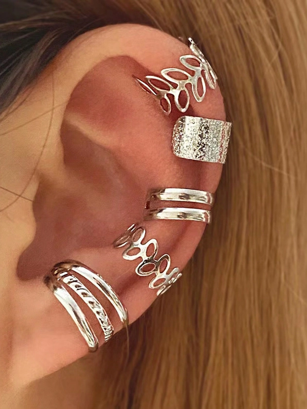 New Arrival 5pcs Minimalist & Fashionable Hollow Out Leaves Design C Shaped Non-piercing Ear Cuff