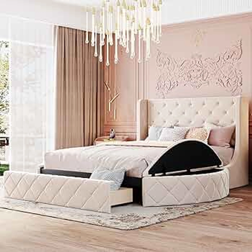 SOFTSEA Queen Size Velvet Platform Bed Frame with Storage, Upholstered Tufted Bed Frame with Wingback Headboard, 1 Big Drawer and 2 Side Storage Stool, Easy Assembly, Beige