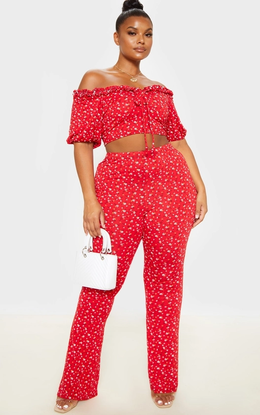 Plus Red Ditsy Floral Flared Trouser
