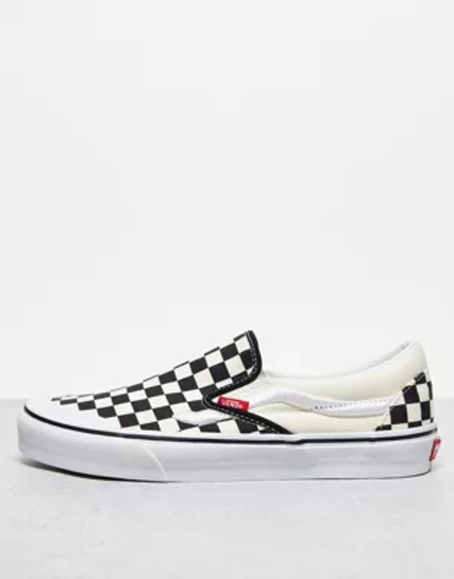 Vans Classic slip on in checkerboard print in white and black with white stripe | ASOS