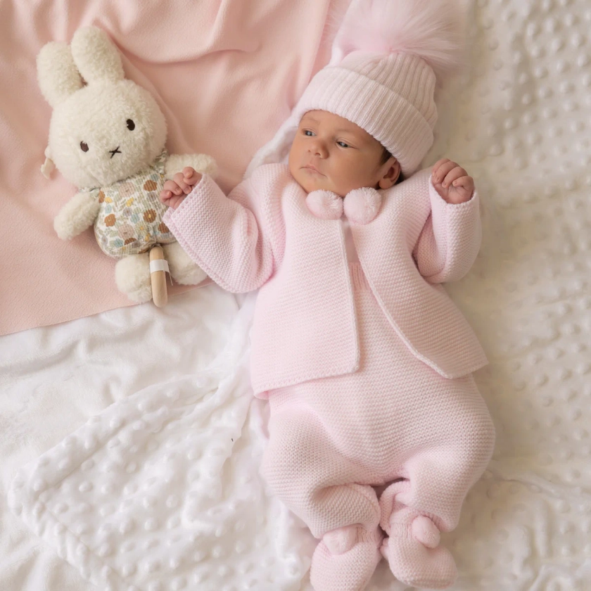 Pink Knitted Pom Pom Two Piece Outfit | Millie & Ralph