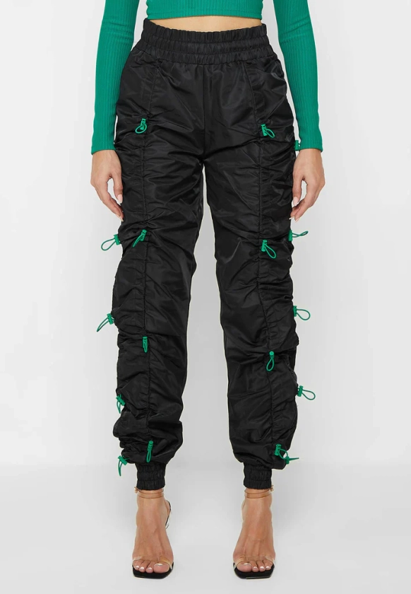 Nylon Bungee Ruched Cargo Pants - Black/Green
