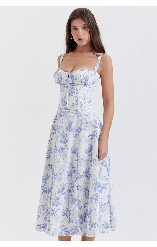 Clothing : Midi Dresses : 'Carmen' Blue Print Bustier Sundress