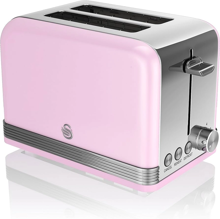 Swan 2 Slice Retro Toaster, Pink, Defrost, Cancel and Reheat Functions, Slide Out Crumb Tray, ST19010PN