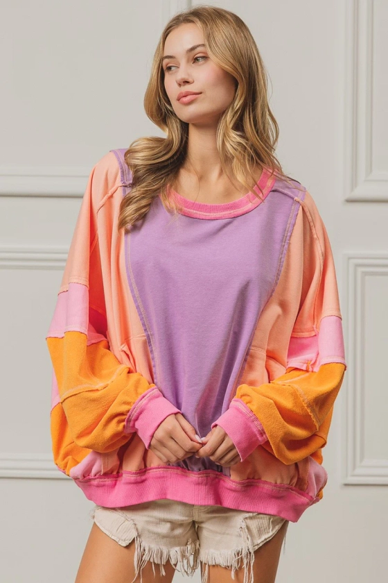 BiBi Color Block French Terry Top in Lavender/Peach/Fuchsia