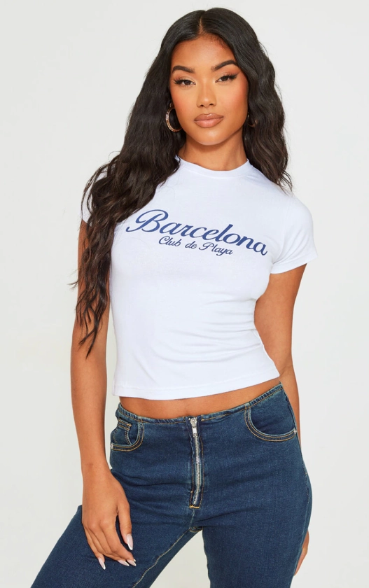 White Barcelona Printed Fitted Long T Shirt
