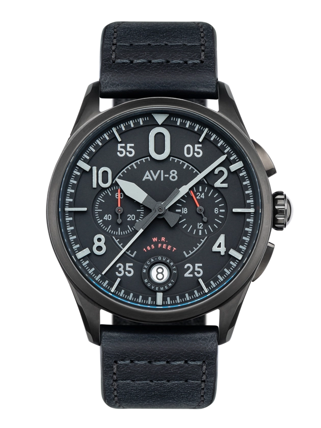 AVI-8 Spitfire Lock Chronograph, Slate Black, Japanese Meca-Quartz Chronograph, Black Dial, Leather Strap #AV-4089-03