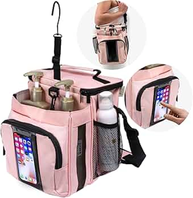 XL Portable Shower Caddy Bag for Girls with Extra Storage, Durable Mesh Bottom, Shoulder Strap, Keychain Holder Shower Caddy Case for College Dorms - Travel Vacation Essentials (Blush Pink)