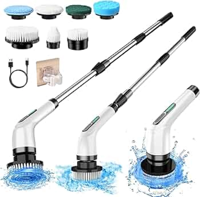 Electric Spin Scrubber with Dual Speed Cordless Cleaning Brush, IPX7 Waterproof Bathroom Scrubber, USB-C Charging, Retractable Handle Shower Scrubber & 3 Brush Head for Bathtub Tile Floor