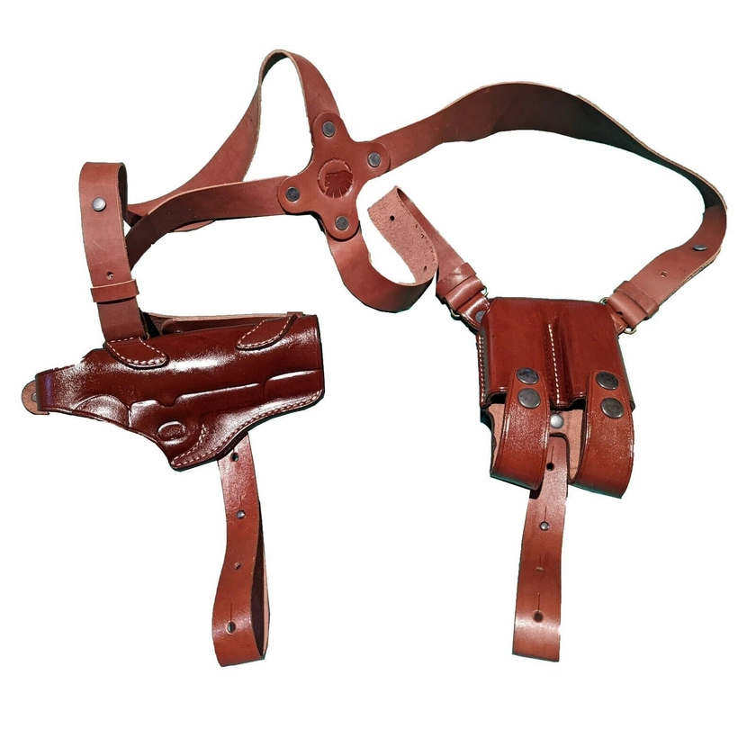 Colt 1911 Leather Horizontal Shoulder Holster with double magazine