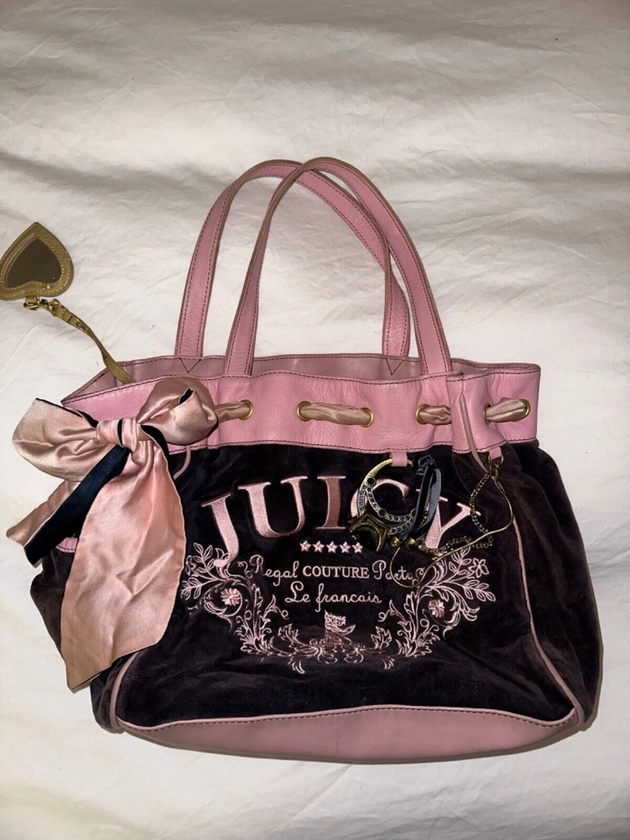 Y2K Vintage Juicy Couture Navy and Pink Rhinestone Velour Daydreamer Bag J Logo