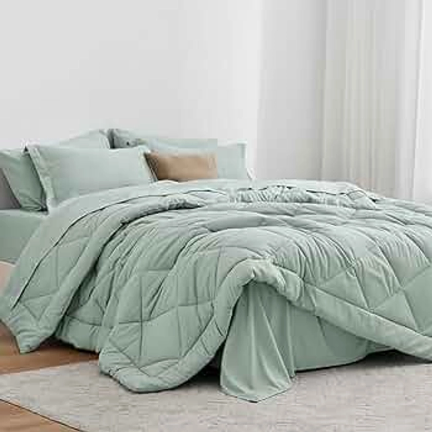 Love's cabin Full Comforter Set Aqua, 7 Pieces Full Bed in a Bag, All Season Full Bedding Sets with 1 Comforter, 1 Flat Sheet, 1 Fitted Sheet, 2 Pillowcase and 2 Pillow Sham