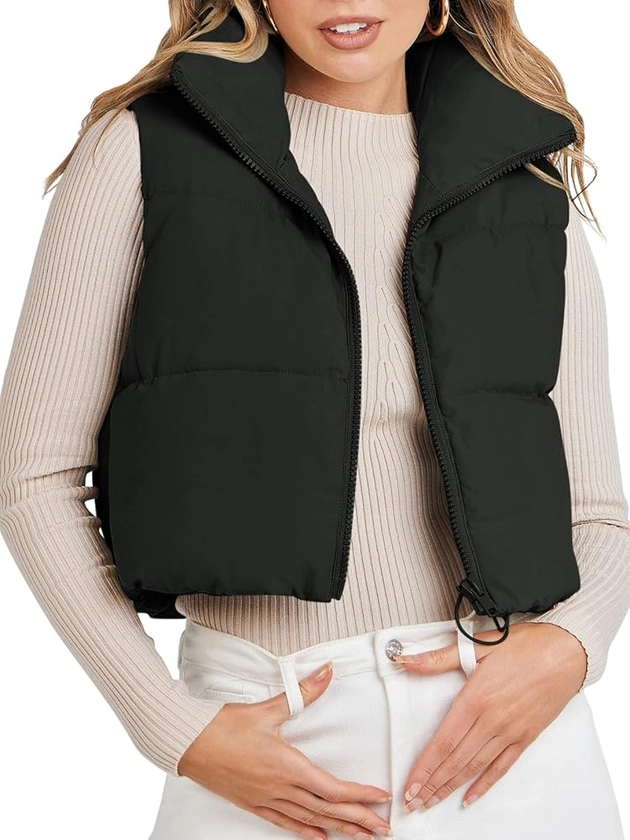 MEROKEETY Women's Crop Puffer Vest Lightweight Stand Collar Sleeveless Zip Up Padded Gilet Coat