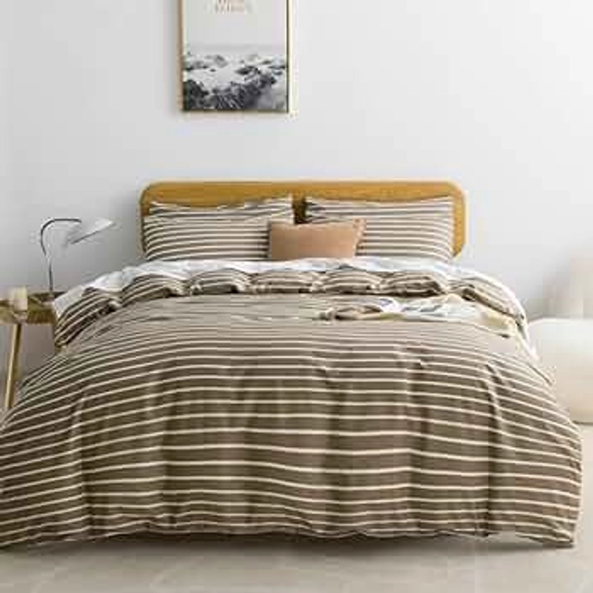 JELLYMONI Twin Duvet Cover Set, Cotton Duvet Cover 2 Pieces with Zipper Closure, 1 Duvet Cover and 1 Pillowcase(Khaki with White Striped)