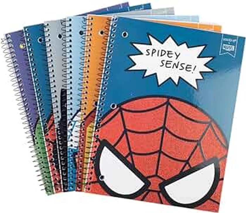 Yoobi X Marvel College Ruled 8 x 10.5” Spiral Notebook Set – Bulk 6-Pack of 1 Subject Notebooks with Glittery Character Cover – 100 Perforated 3-Hole Punched Sheets, For School, Office & Home