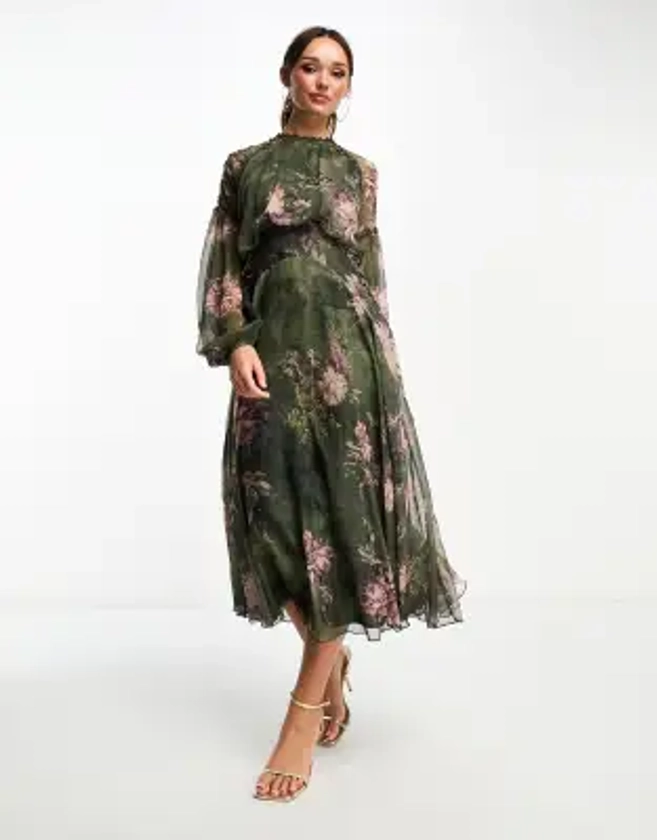 ASOS DESIGN - Robe patineuse mi-longue à manches longues et imprimé fleuri avec empiècement en dentelle et manches longues - Vert