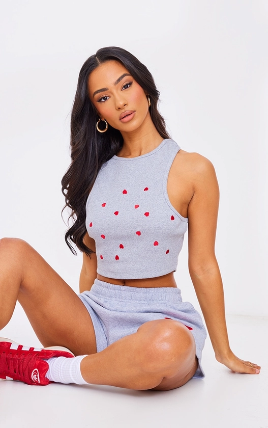 Petite Grey Racer Top With Red Hearts