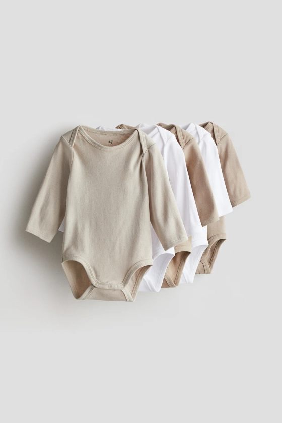 Lot de 5 bodies - Encolure américaine - Manches longues - Blanc/beige - ENFANT | H&M FR