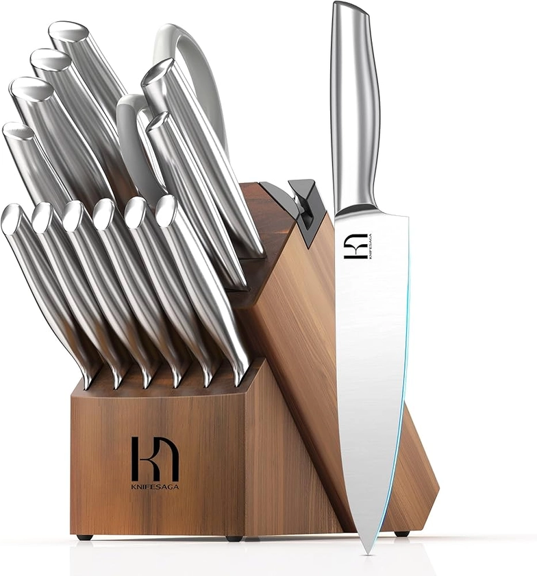 2024 Upgraded Knife Set 14 Piece Premium Japanese High Carbon Stainless Steel Kitchen Knife Block Sets with Built-in Sharpener, Razor Sharp Knives Set for Kitchen, Angled Acacia Wood Block