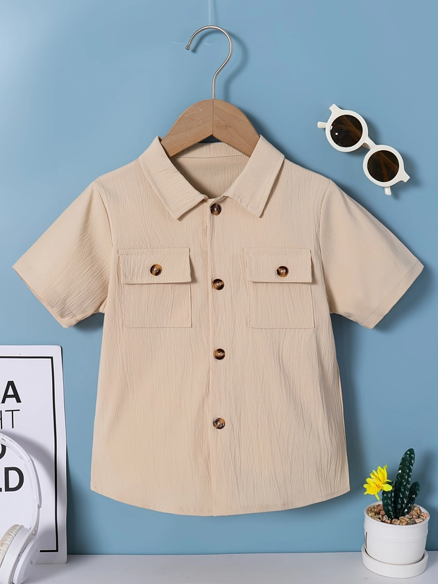 Baby Boys Toddlers Solid Classic Shirt, Short Sleeve Flap Pocket Breathable Top Shirt, Perfect For Summer Outdoor