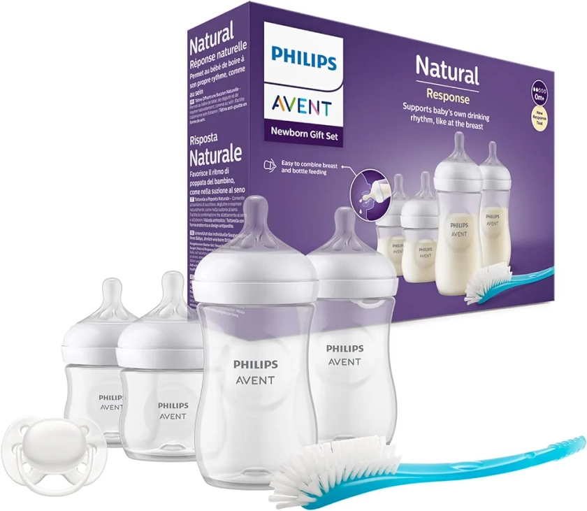 Philips Avent Kit biberons pour nouveau-né – 4 biberons Réponse Naturelle, sucette ultra-douce et goupillon pour les bébés âgés de 0 à 12 mois (modèle SCD838/11)