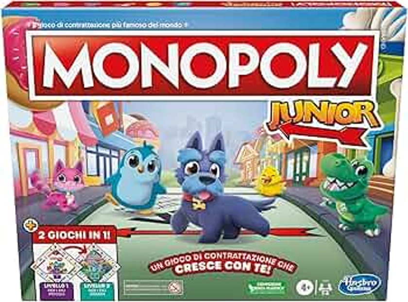 Monopoly Junior gioco da tavolo, tabellone fronte-retro, 2 giochi in 1, gioco Monopoly per bambini e bambine più piccoli, giochi per bambini e bambine, giochi Junior