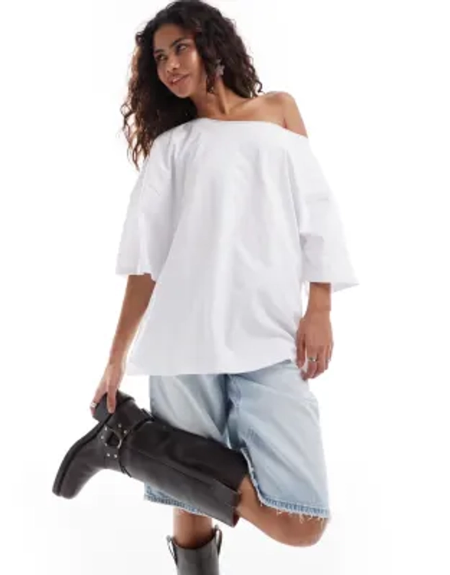 ASOS DESIGN relaxed off the shoulder t-shirt in white