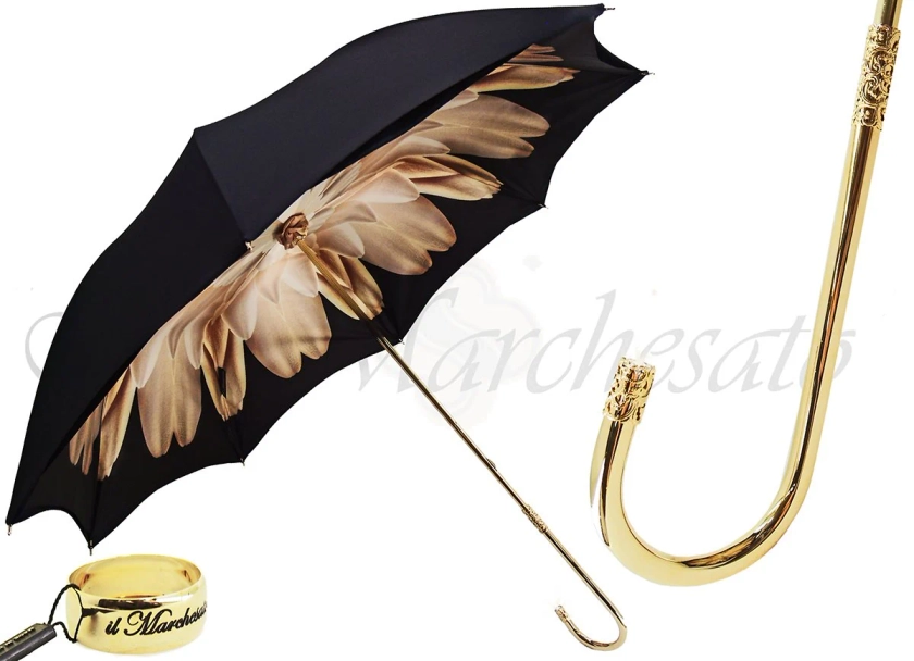 Brown Dahlia Umbrella With Black Exterior, Double Cloth Marchesato Italy