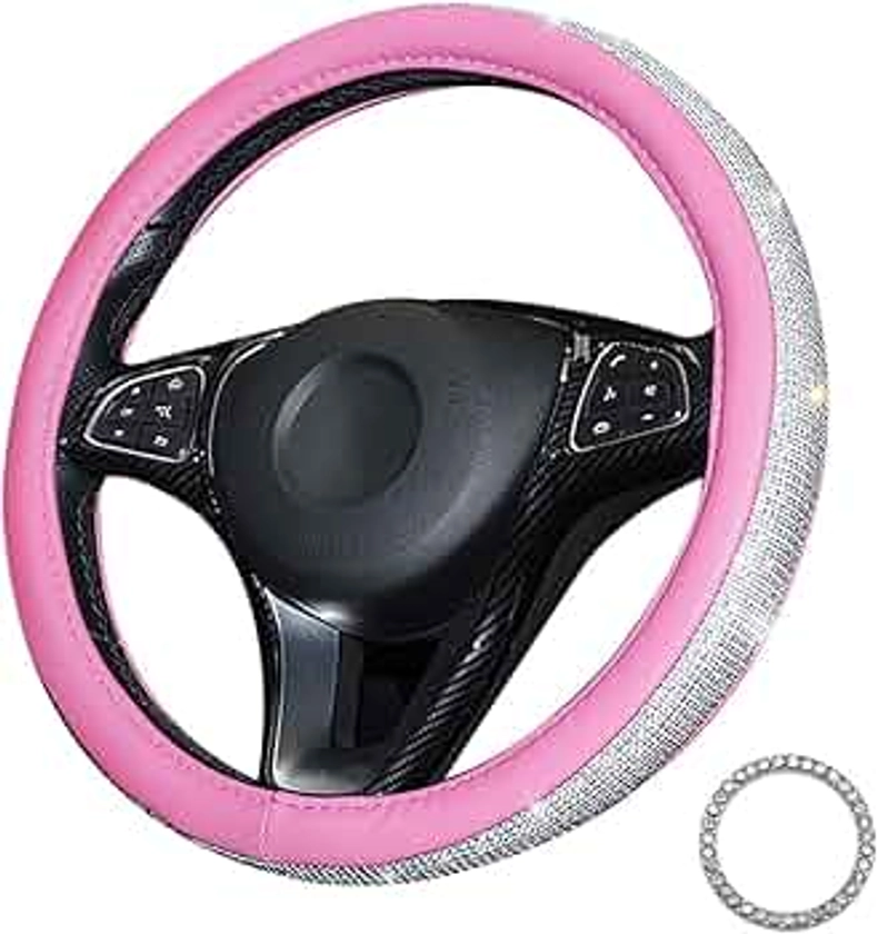 Pahajim Car Steering Wheel Covers with Sparkly Diamond,Glitter Diamante Steering Wheel Cover Bling Car Accessories for Women Ladies (Pink-white)