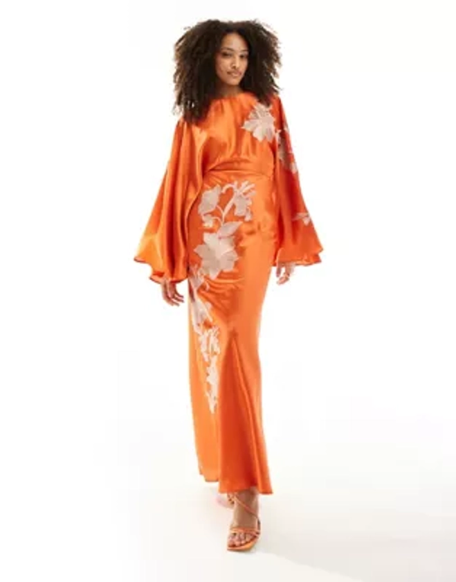 ASOS DESIGN - Robe longue satinée coupée en biais avec broderies et manches accentuées - Orange | ASOS