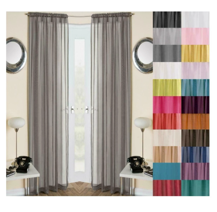 1 PAIR (2) Plain Voile Curtain Panels Rod Pocket Slot Top Net Curtain 25 Colours