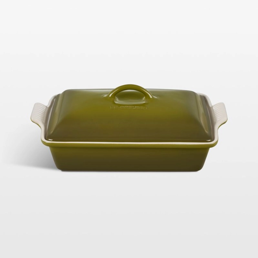 Le Creuset Heritage 4-Qt. Olive Ceramic Rectangular Baking Dish with Lid + Reviews | Crate & Barrel