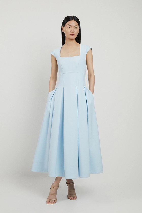Petite Clean Tailored Square Neck Full Skirted Midi Dress | Karen Millen