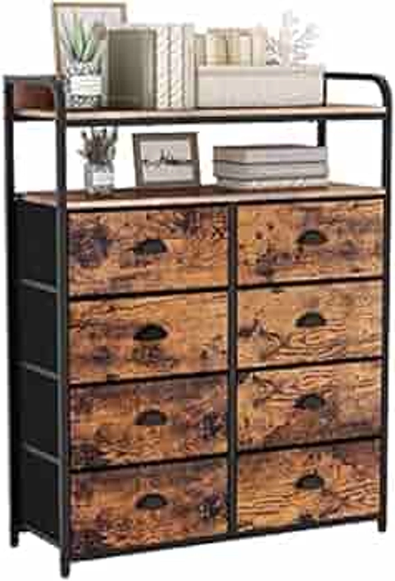 Furologee Dresser 8 Drawers with Double Shelf Tall, Large Storage Organizer Unit for Bedroom,Living Room,Entryway, Fabric Bins, Wooden Top,Sturdy Metal Frame