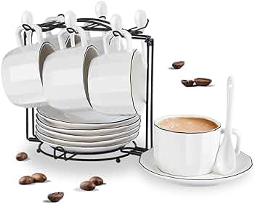 YOLIFE Tea Cups and Saucers Set of 6, 220ML Porcelain Coffee Cups and Sacuers with Holder and Spoons for Office Home Coffee Bar