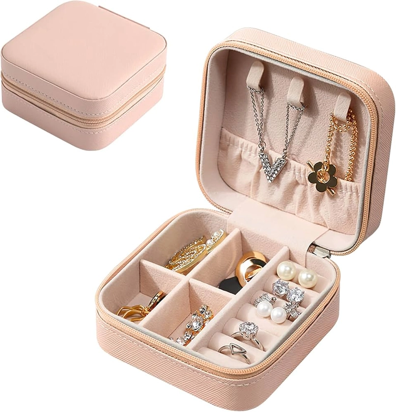 Eucomir Boite a Bijoux,Boîte à Bijoux pour Femme,Petite Organisateur de Bijoux de Voyage en Cuir PU,Organisateur de Boîte à Bijoux Portable,Coffret à Bijoux pour Ranger Bagues/Colliers/Bracelets, Rose