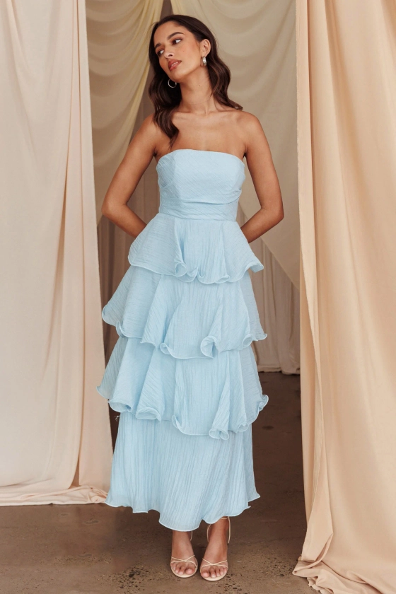 Giavana Strapless Layered Midi Dress Pale Blue