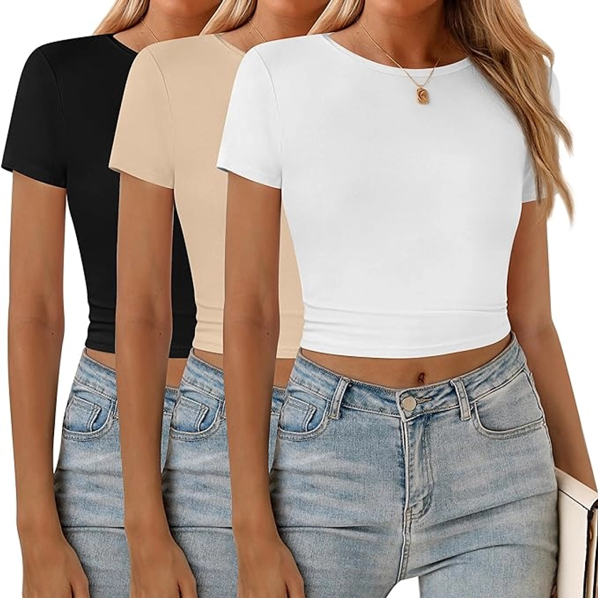 Riyiper 3 Pcs Women's Crop Top Crewneck Top Women Short Sleeve Crop Tshirt Round Neck Tee Shirt Womens Basic Crop Top (Black, White, Khaki,Large) at Amazon Women’s Clothing store