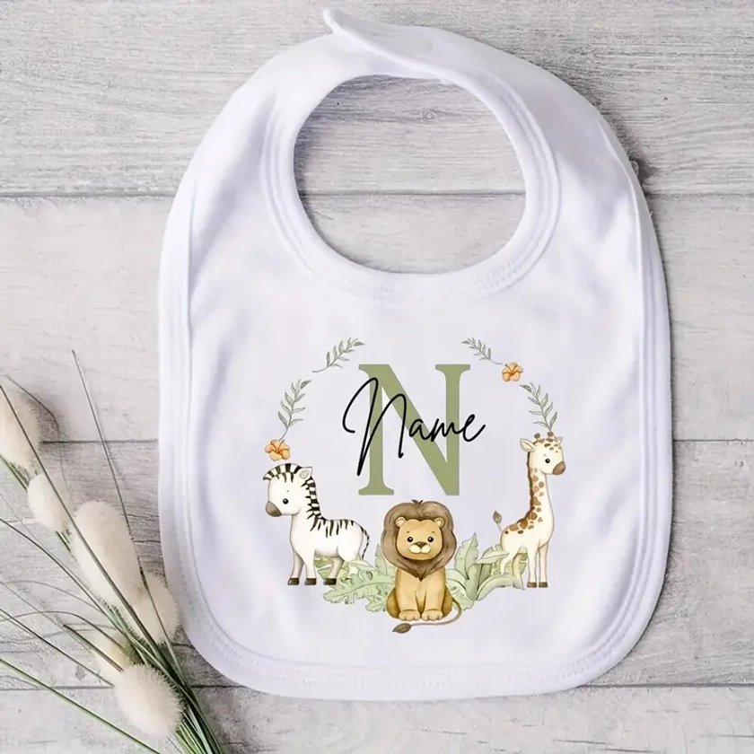 Personalized Safari Animals Bib, Initial With Name Birthday Gift Saliva Towel Shower Gift