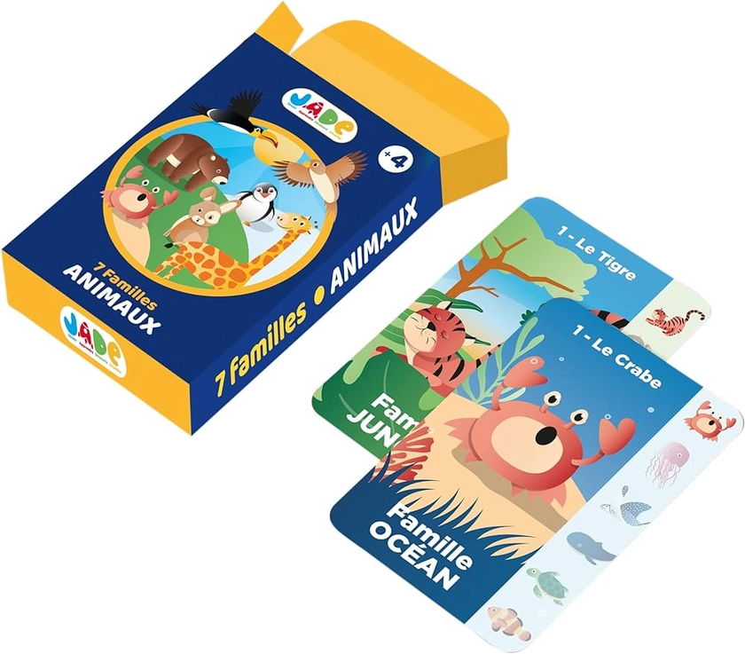 J.A.D.E - Jeu de 7 Familles sur Le Theme des Animaux - Jeu de Cartes - 142121-54 Cartes - Multicolore - Cartonné - Design Français - Puzzle Enfant - Jade - À Partir de 4 Ans