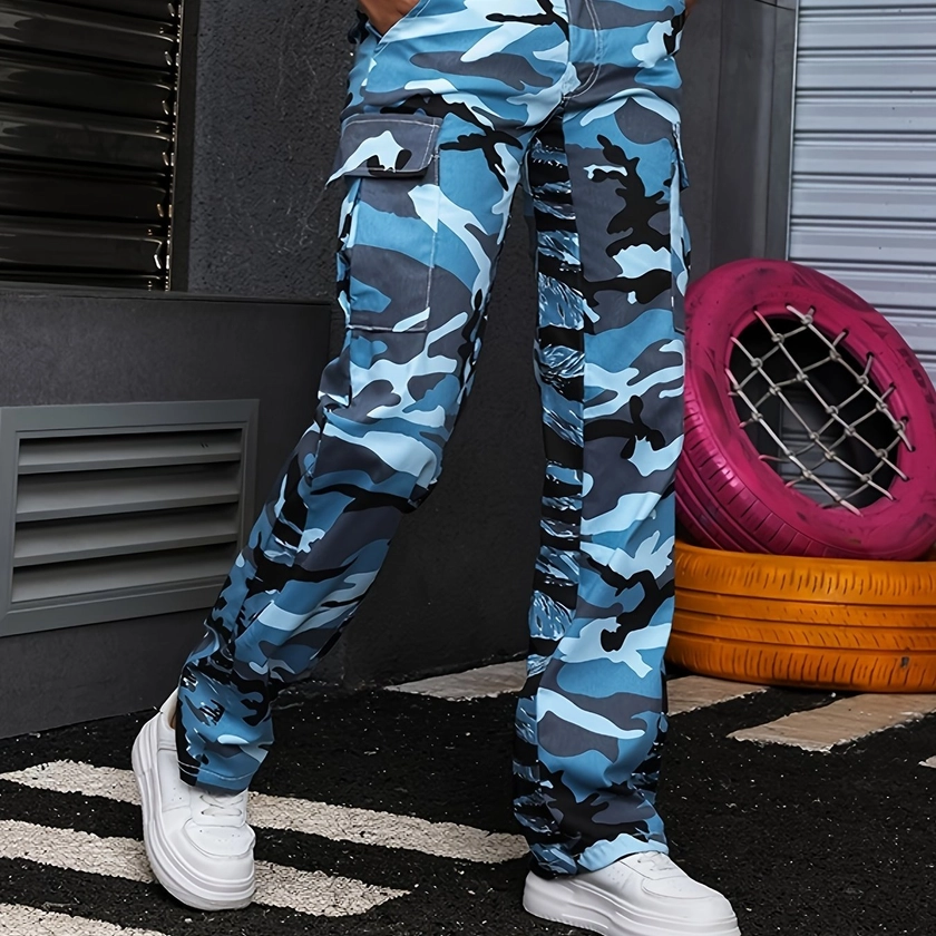 Camo Print Flap Pockets Cargo Pants, Vintage Loose Straight Leg Pants For Spring & Fall, Women's Clothing